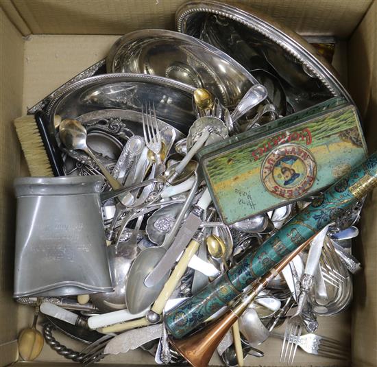 A box of mixed silver plate and pewter and brassware